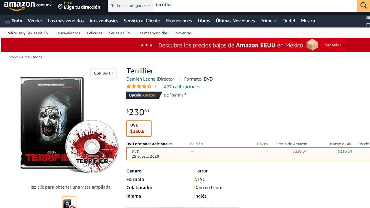 El DVD de 'Terrifier' está disponible en Amazon México