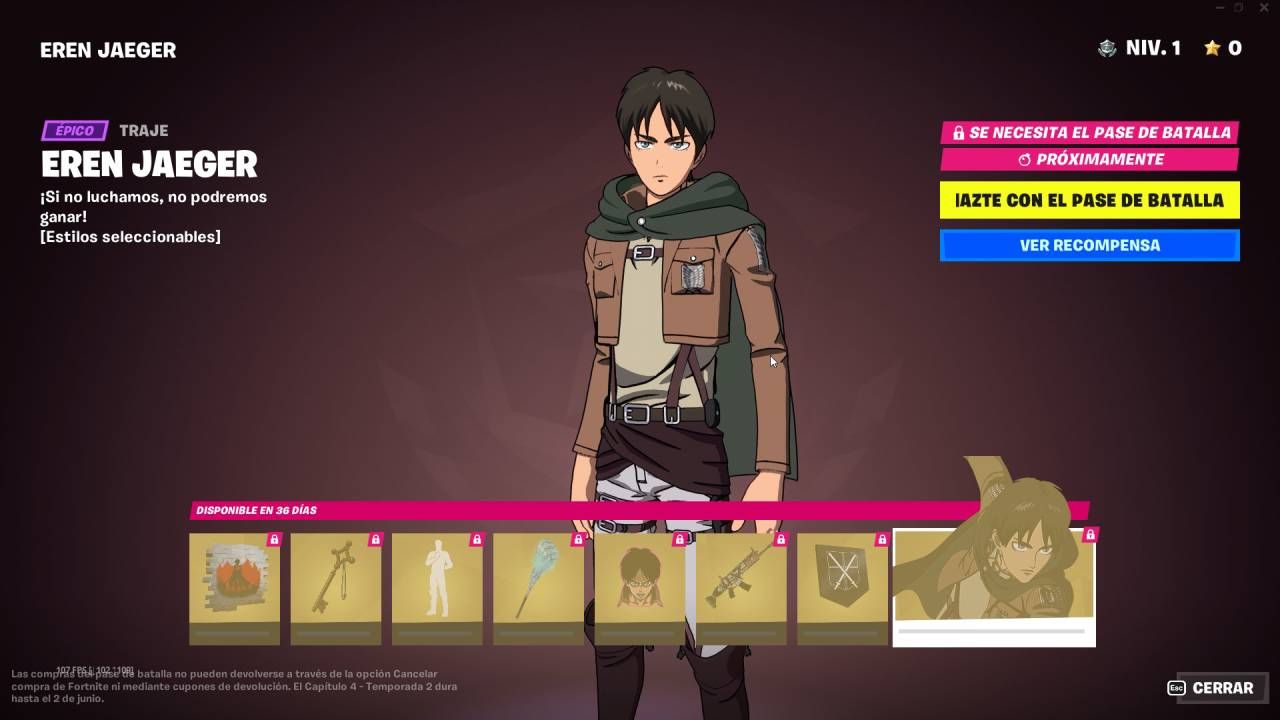 Eren Jaeger con sus objetos a desbloquear
