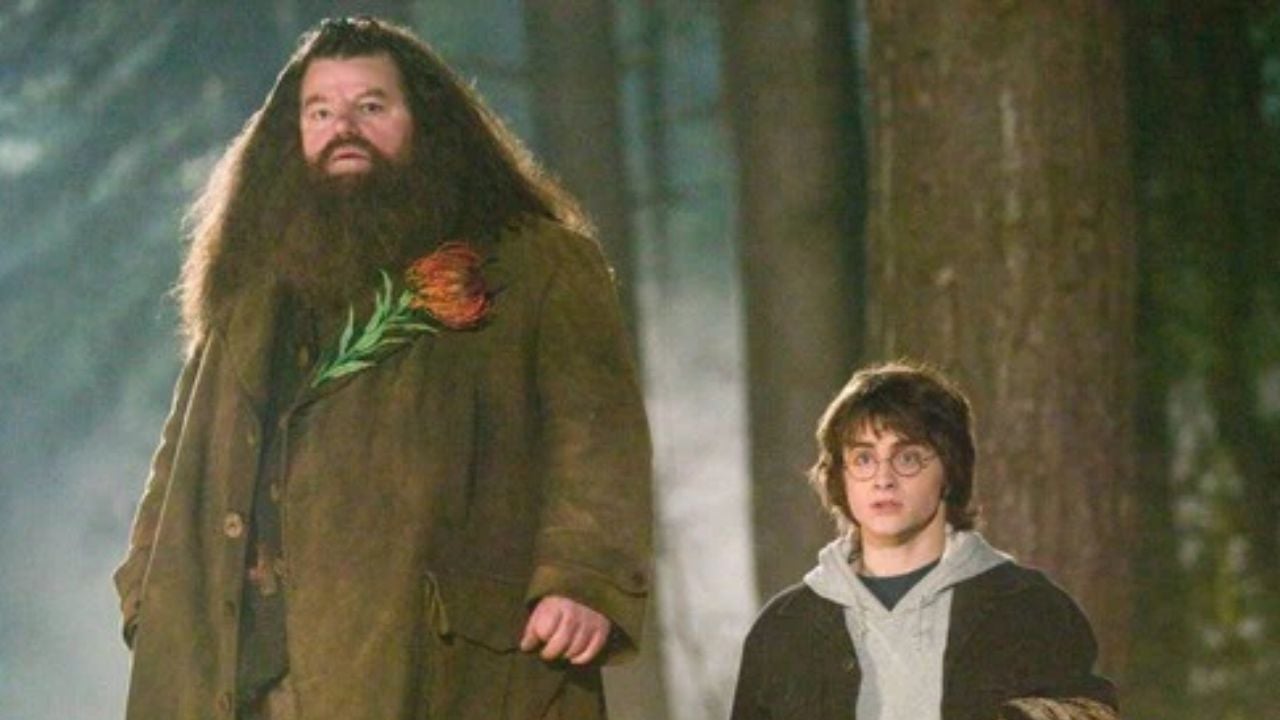 Hagrid y Harry en el bosque.