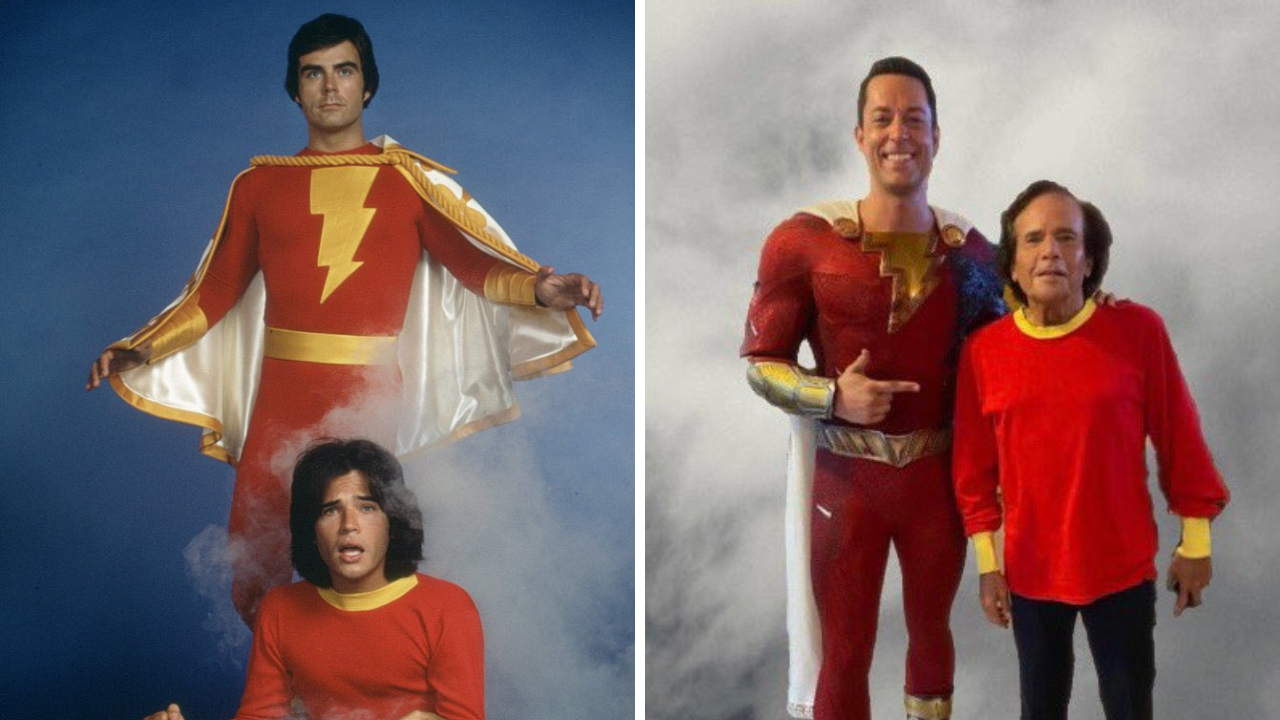 En la imagen de la derecha aparecen Zachary Levi y Michael Gray durante el rodaje de '¡Shazam 2! La furia de los dioses' (2023).